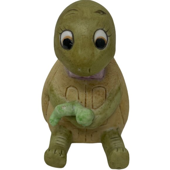 Vintage Ceramic Turtle Figurine Holding Green Worm Caterpillar Sitting Up Friend - Picture 1 of 7
